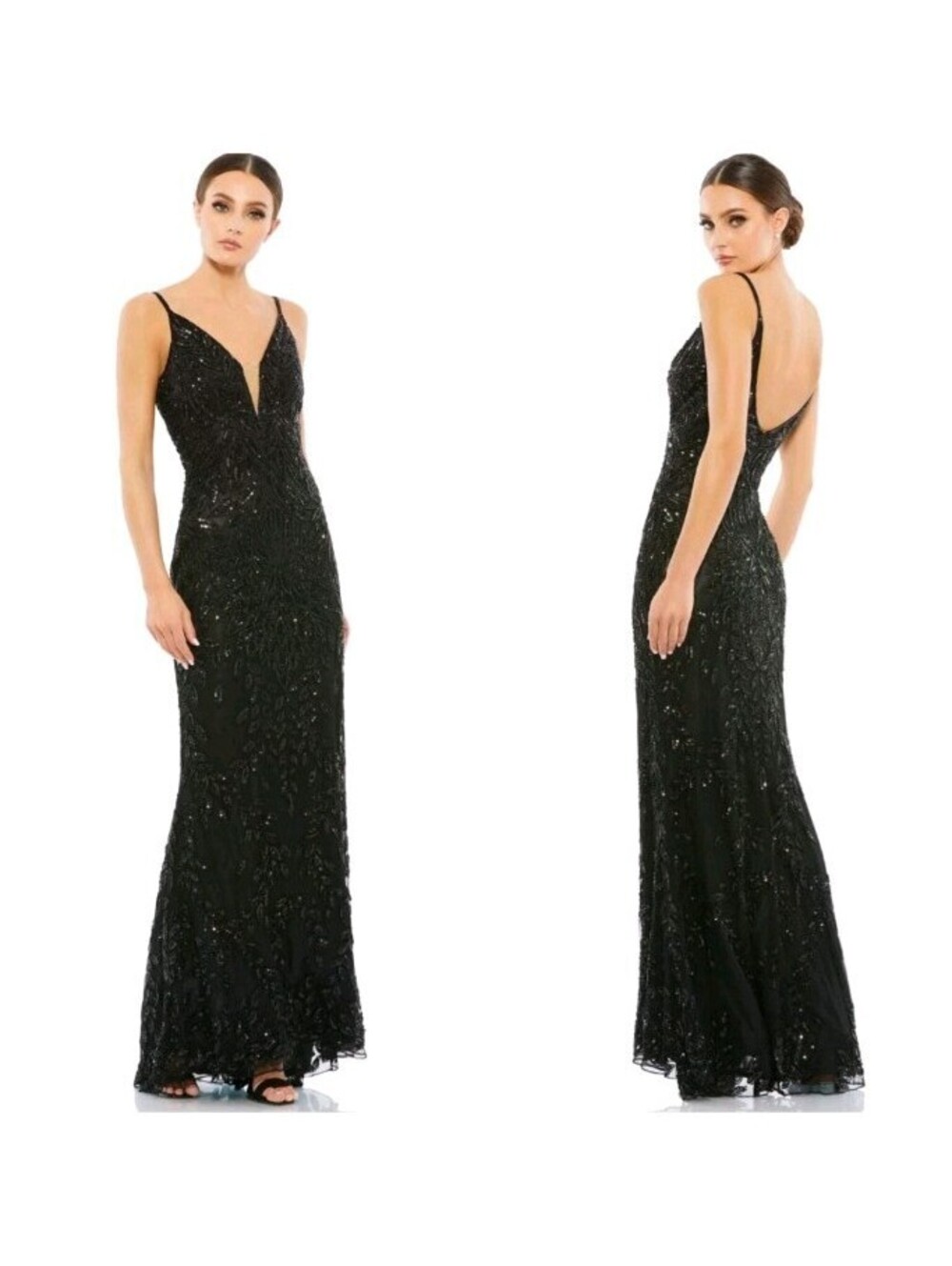 NWT Mac Duggal Black Beaded Long Gown V Neck Spaghtetti Straps Size 10 5107 $498